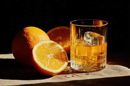 Whiskey drink with ice sits beside fresh oranges on a textured surface in a dark studio setting creating a mood of relaxation and luxury perfect for advertising.の写真素材