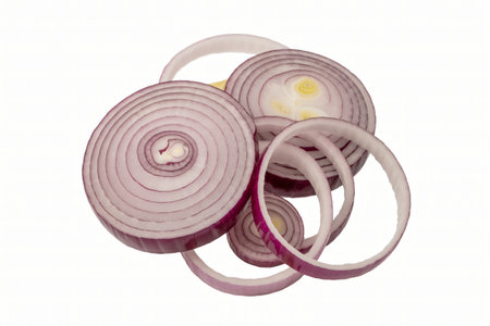 Sliced red onions are displayed against a stark white background showcasing their vibrant color and intricate layered structure perfect for culinary applications and illustrating healthy eating habitの写真素材