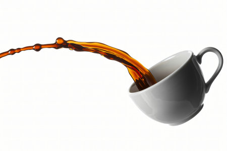 Coffee dramatically pours into a white ceramic mug against a clean bright white studio background showcasing the rich brown liquid and creating a dynamic splash effect.の写真素材