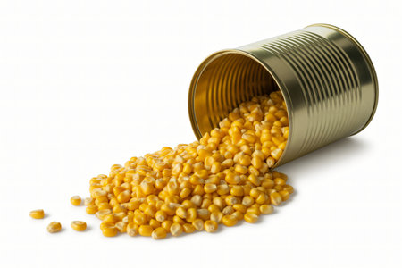 Canned corn kernels spill from a metal can onto a clean white surface creating a visually appealing image that suggests freshness and abundance perfect for culinary or agricultural themes.の写真素材