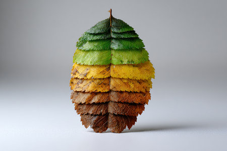 Leaf shows the changing seasons with a gradient of colors from vibrant green to deep brown representing the cycle of life and the beauty of nature.の写真素材