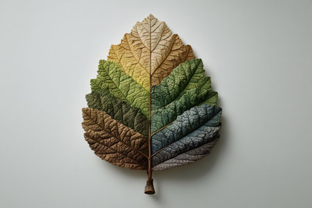 Autumn leaf displays a gradient of colors from green to brown against a clean white backdrop symbolizing seasonal change and the beauty of nature's cycle with its vibrant textures.の写真素材