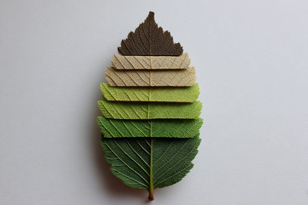 Sliced leaves show a gradient from dark green to brown arranged on white background forming a leaf shape showcasing nature's beauty and the changing seasons in a creative composition.の写真素材