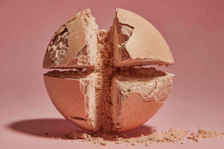 Broken sphere reveals its textured interior against a solid pink background creating an abstract and conceptual composition highlighting the beauty of imperfection and the hidden details within simplの写真素材