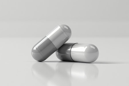 Two capsule pills one gray and one white are stacked on a clean reflective surface representing medicine healthcare and pharmaceutical industries used for treatment and recovery.の写真素材