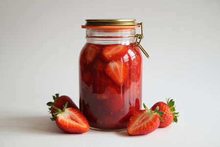 Strawberry jam is displayed in a glass jar surrounded by fresh strawberries on a white surface showcasing homemade goodness and the simplicity of preserving summer's bounty.の写真素材