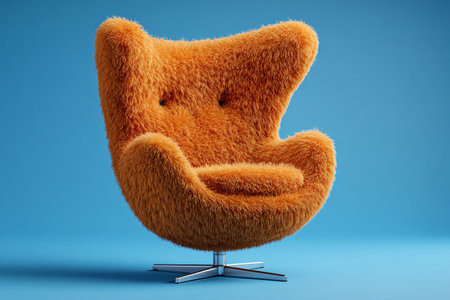 Orange furry chair stands alone against a blue backdrop highlighting its unique design and texture inviting perfect for showcasing modern furniture and cozy interior design concepts.の写真素材