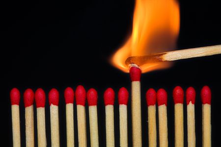 A row of matches, with one of them burning.