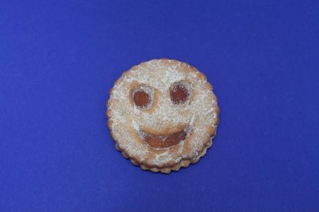Photo of a single cookie against a blue background の写真素材