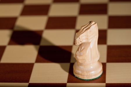 Chess piece - a white knight on a chessboard.の写真素材
