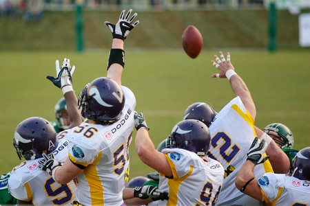 Austrian Football League - Danube Dragons playing against the Vienna Vikings - April 2008のeditorial素材