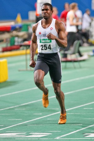 VIENNA, AUSTRIA - FEBRUARY 21: Indoor track and field championship: Ryan Moseley wins the men's 60m sprint event February 21, 2009 in Vienna, Austria.のeditorial素材