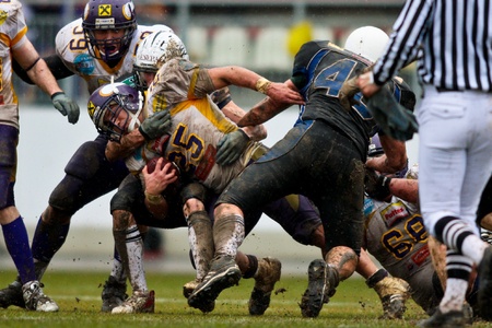 VIENNA, AUSTRIA - March 29: Austrian Football League: Running back Josiah Cravalho (Vienna Vikings) scores two touchdowns against the Blue Devils on March 29, 2009 in Vienna, Austria.のeditorial素材