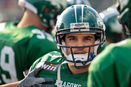 Korneuburg, AUSTRIA - May 3: Austrian Football League:  DB Schahin Golami (#21, Dragons) and his team lose 16:34 to the Graz Giants on May 3, 2009 in Korneuburg, Austria.のeditorial素材