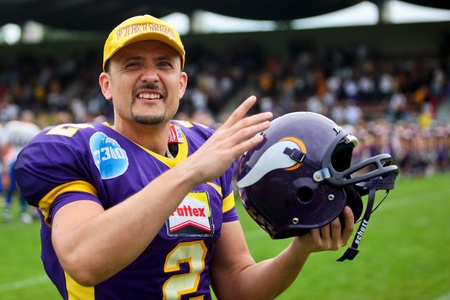 Vienna,  AUSTRIA - June 7: Austrian Football League: Kicker Peter Kramberger (#2, Vikings) and his team win 31:17 against the Graz Giants on June 7, 2009 in Vienna, Austria.のeditorial素材