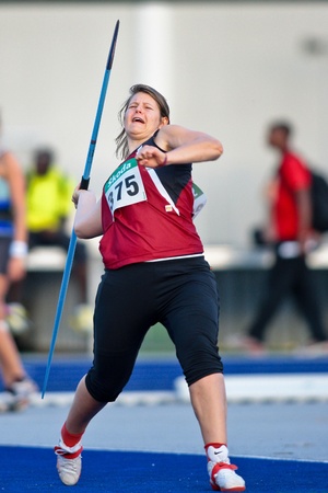 LINZ, AUSTRIA - AUGUST 1 Austrian track and field championship: Magdalene Blazek (#375) places seventh in the women's javelin throw event on August 1, 2009 in Linz, Austria.のeditorial素材