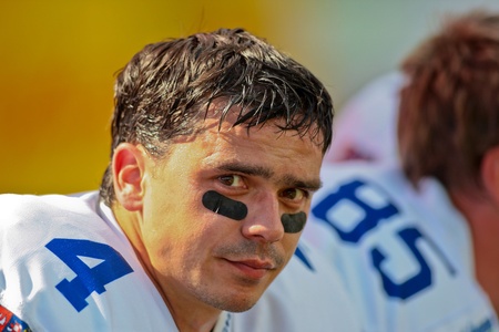 WOLFSBERG, AUSTRIA - AUGUST 18 American Football B-EC: QB Libor Navratil (#4, Czech) and his team beat Denmark 30:15 on August 18, 2009 in Wolfsberg, Austria.のeditorial素材