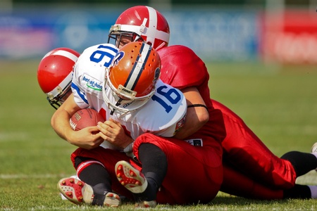 WOLFSBERG, AUSTRIA - AUGUST 20 American Football B-EC: WR Ales Danhel (#16, Czech) and his team lose 0:34 against Denmark on August 20, 2009 in Wolfsberg, Austria.のeditorial素材