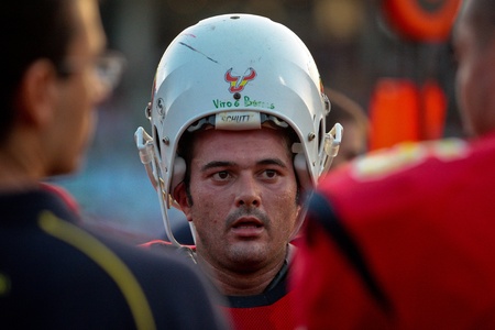 WOLFSBERG, AUSTRIA - AUGUST 20 American Football B-EC: LB Victorino Rodriguez (#6, Spain) and his team lose 0:70 against Austria on August 20, 2009 in Wolfsberg, Austria.のeditorial素材