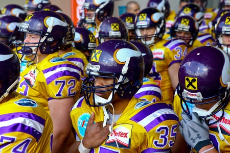 VIENNA, AUSTRIA - MAY 9 Vienna Vikings beat Graz Giants in an AFL-season game 27-24 on May 9, 2010. Shown is RB Kenneth Chinaemelu (Vikings #35).のeditorial素材