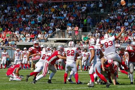 GRAZ, AUSTRIA - JULY 9 K Peter Kramberger (#2 Austria) kicks a field goal at the Football World Championship on July 9, 2011 in Graz, Austria. Japan wins 24:6 against Austria.のeditorial素材
