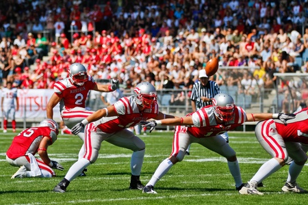 GRAZ, AUSTRIA - JULY 9 K Peter Kramberger (#2 Austria) kicks a field goal at the Football World Championship on July 9, 2011 in Graz, Austria. Japan wins 24:6 against Austria.のeditorial素材