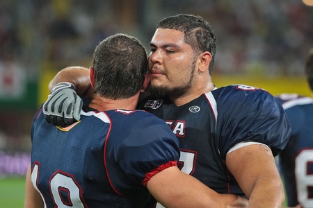 VIENNA, AUSTRIA - JULY 16 Team USA celebrates the victory at the Football World Championship on July 16, 2011 in Vienna, Austria. USA wins 50:7 against Canada and wins the tournament.のeditorial素材