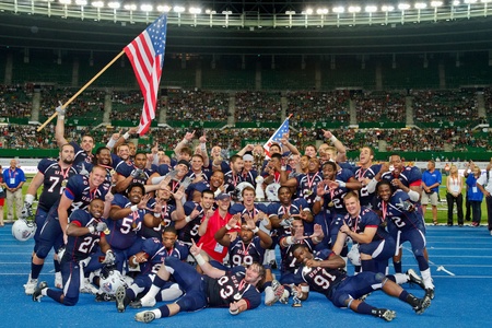 VIENNA, AUSTRIA - JULY 16 Team USA celebrates the victory at the Football World Championship on July 16, 2011 in Vienna, Austria. USA wins 50:7 against Canada and wins the tournament.のeditorial素材