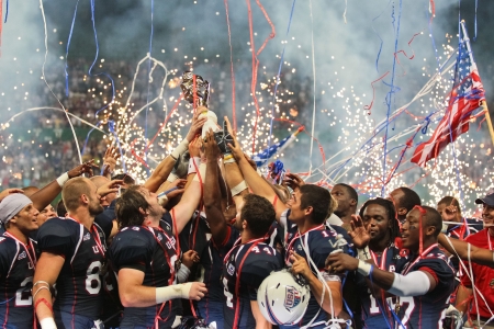 VIENNA, AUSTRIA - JULY 16 Team USA celebrates the victory at the Football World Championship on July 16, 2011 in Vienna, Austria. USA wins 50:7 against Canada and wins the tournament.のeditorial素材
