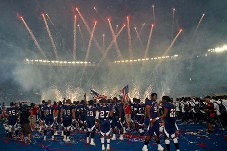 VIENNA, AUSTRIA - JULY 16 Team USA celebrates the victory at the Football World Championship on July 16, 2011 in Vienna, Austria. USA wins 50:7 against Canada and wins the tournament.のeditorial素材