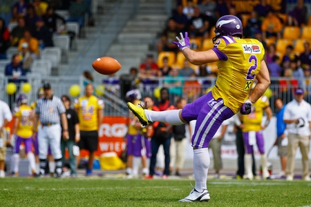 VIENNA, AUSTRIA - JUNE 12 Kicker Peter Kramberger (#2 Vikings) kicks a PAT on June 12, 2011 in...