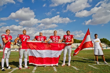 SEVILLA, SPAIN - SEPTEMBER 3 Team Austria during the national anthem before their game against France on September 3, 2011 in Sevilla, Spain. Austria beats France 24:14 in the gold medal game.のeditorial素材
