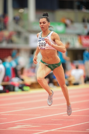 LINZ, AUSTRIA - JANUARY 31 Gabriela Laleva (#289 Bulgaria) places 11th in women's 60m event on January 31, 2013 in Linz, Austria.のeditorial素材