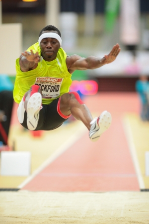 LINZ, AUSTRIA - JANUARY 31 ames Beckford (#511 Jamaica) places 3rd in the men's long jump event on January 31, 2013 in Linz, Austria.のeditorial素材