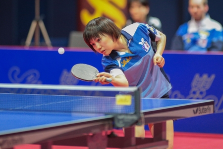 SCHWECHAT, AUSTRIA - FEBRUARY 8 Yuki Nonaka (SVS Stroeck) wins the first game against in the ETTU semifinals on February 8, 2013 in Schwechat, Austria.のeditorial素材