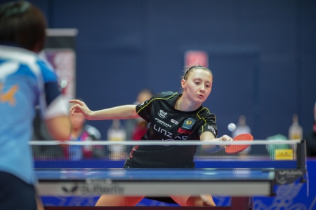SCHWECHAT, AUSTRIA - FEBRUARY 8 Sofia Polcanova (Linz AG Froschberg) loses the first game in the ETTU semifinals on February 8, 2013 in Schwechat, Austria.のeditorial素材