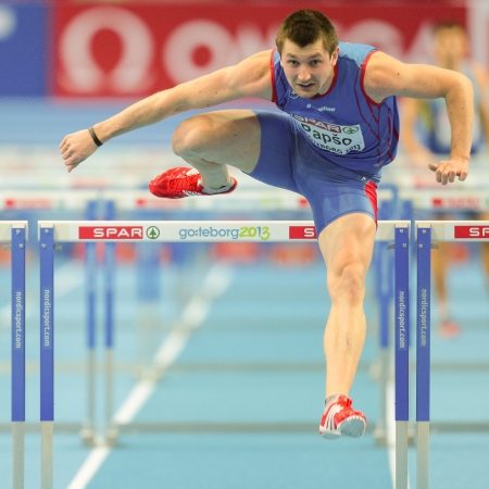 GOTHENBURG, SWEDEN - MARCH 1 Viliam Papso (Slovakia) places 4th in heat 3 of the qualification of the men's 60m hurdles event during the European Athletics Indoor Championship on March 1, 2013 in Gothenburg, Sweden.のeditorial素材