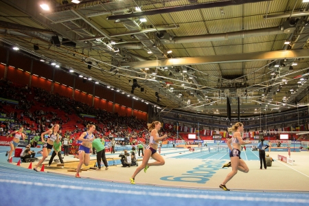GOTHENBURG, SWEDEN - MARCH 1  Ella Raesaenen (Finland)  places 3rd in heat of the women's 400m event during the European Athletics Indoor Championship on March 1, 2013 in Gothenburg, Sweden.のeditorial素材