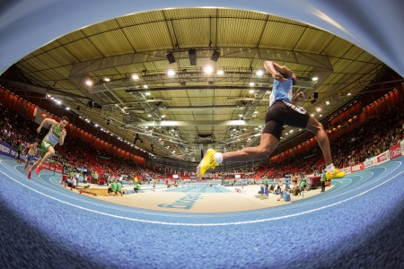 GOTHENBURG, SWEDEN - MARCH 1 Runners compete in the qualification of the men's 400m event during the European Athletics Indoor Championship on March 1, 2013 in Gothenburg, Sweden.のeditorial素材