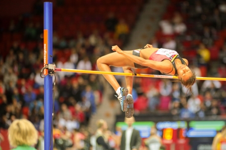 GOTHENBURG, SWEDEN - MARCH 1  Nafissatou Thiam (Belgium) places 2nd in the qualification for the men's high jump event during the European Athletics Indoor Championship on March 1, 2013 in Gothenburg, Sweden.のeditorial素材