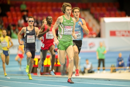 GOTHENBURG, SWEDEN - MARCH 1  Ciaran O Lionaird (Ireland)  wins heat 1 of the men's 3000m event during the European Athletics Indoor Championship on March 1, 2013 in Gothenburg, Sweden.のeditorial素材