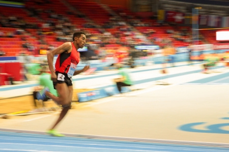 GOTHENBURG, SWEDEN - MARCH 1 Hayle Ibrahimov (Azerbaijan) wins heat 2 of the qualification of the men's 3000m event during the European Athletics Indoor Championship on March 1, 2013 in Gothenburg, Sweden.のeditorial素材