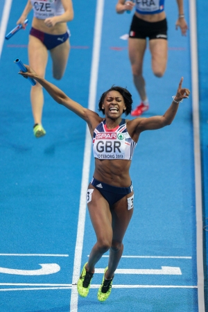 GOTHENBURG, SWEDEN - MARCH 3 Perri Shakes-Drayton (Great Britain) and her team win the women's 4x400m relay finals during the European Athletics Indoor Championship on March 3, 2013 in Gothenburg, Sweden.のeditorial素材