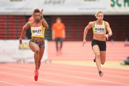 LINZ, AUSTRIA - JANUARY 30, 2014: Carina Horn (#409 Republic of South Africa) wins the women's 60m event in an indoor track and field meeting.のeditorial素材