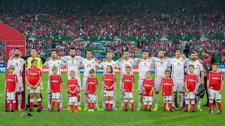 VIENNA, AUSTRIA - OCTOBER 12, 2014: The team of Montenegro poses before the game against Austria in an European Championship qualifying game.のeditorial素材