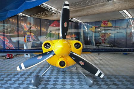 SPIELBERG, AUSTRIA - OCTOBER 25, 2014: A detail shot of Peter Besenyei's (Hungary) plane before the Red Bull Air Race.のeditorial素材