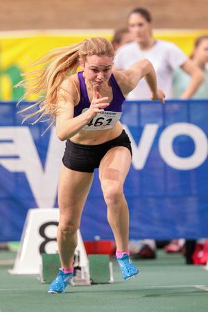 VIENNA, AUSTRIA - JANUARY 31, 2015: Patricia Daxbacher (#461 Austria) competes in the women's 60m event during an indoor track and field event.のeditorial素材