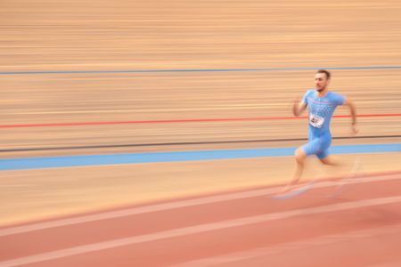 VIENNA, AUSTRIA - JANUARY 31, 2015: Rakic Luka (#46 Slovenia) competes in the men's 200m event during an indoor track and field event.のeditorial素材