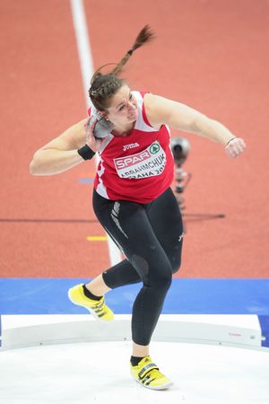 PRAGUE, CZECH REPUBLIC - MARCH 5, 2015: Alena Abrahmchuk (#511 Belarus) competes in the women's shot put event of the European Athletics Indoor Championship.のeditorial素材