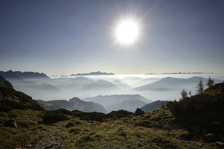 morning fog mountain range blue misty sun